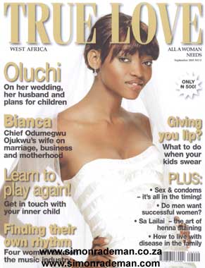 True Love Magazine featured Supermodel Oluchi in a awedding dress by Simon Rademan.